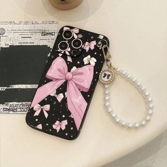Stylish Pink Bow iPhone 16 Pro Max Case with Pearl Strap - Picture 1 of 5